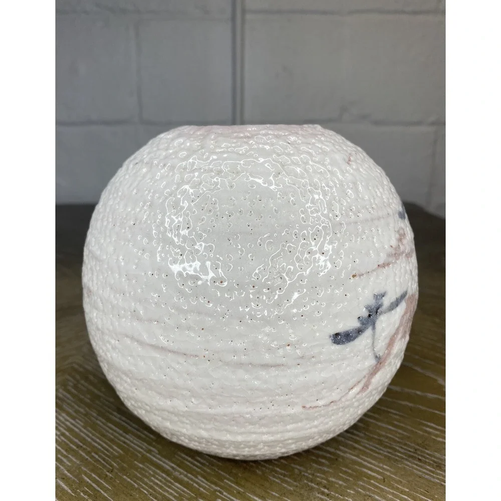 Shino Ware Round Vase Mino Pottery Japan Mountain Tree Crane Nature White Glossy